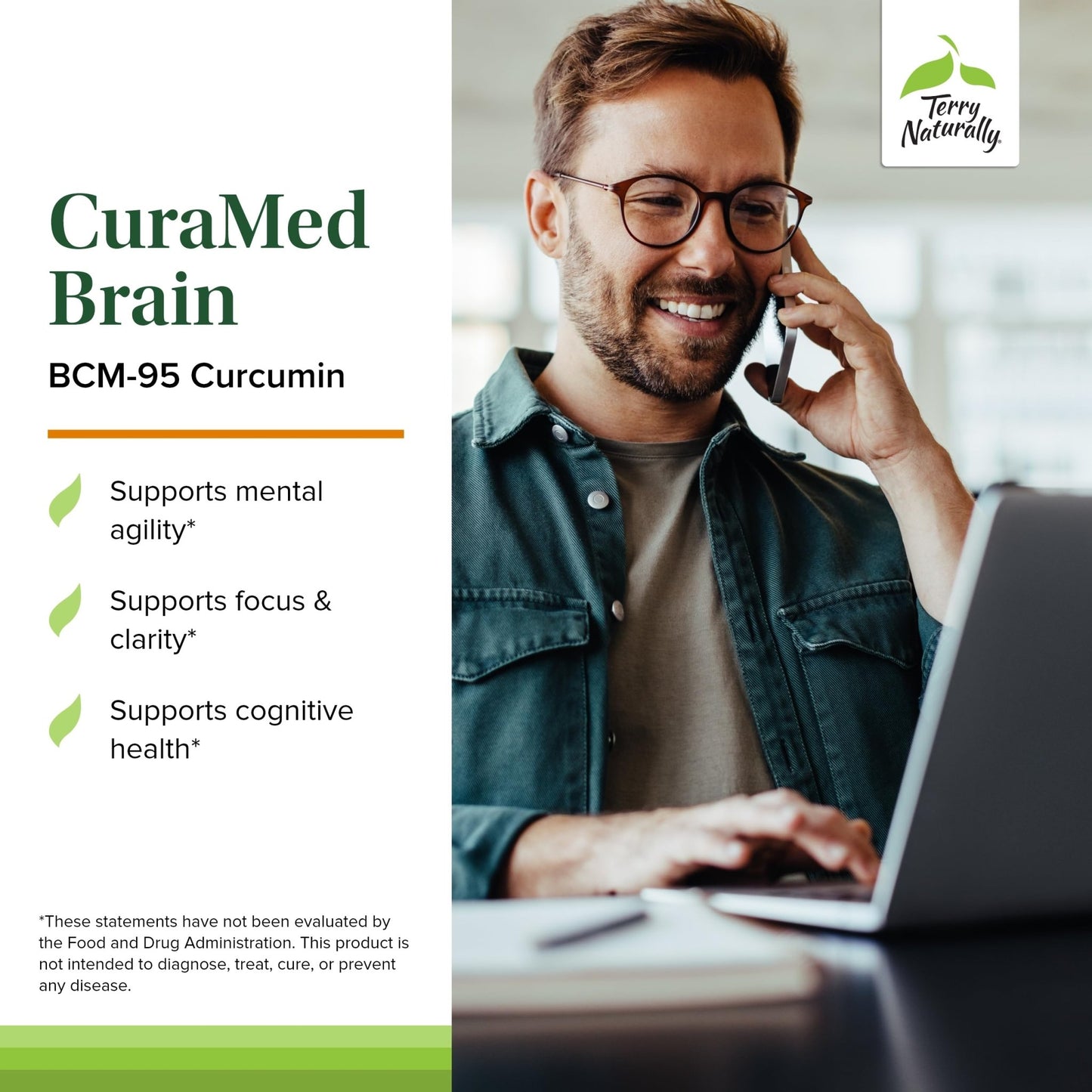 Terry Naturally CuraMed Brain - Dietary Supplement to Support Clarity & Focus - Brain Health Supplement with Curcumin & Turmeric Essential Oil to Aid Concentration - 60 Softgels (2 Pack) - dailyvitalstore