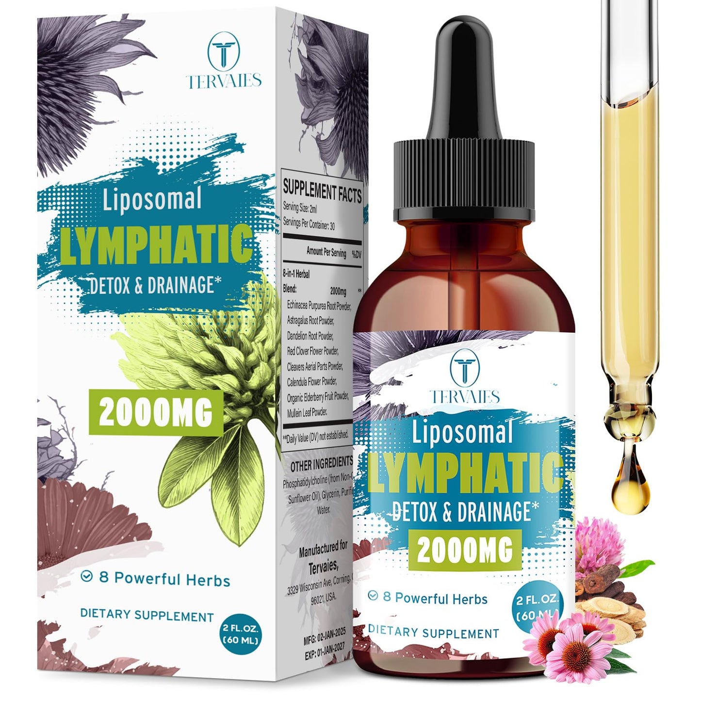Tervaies Liposomal Lymphatic Drainage Drops 2000mg – Herbal Blend with Elderberry & Echinacea – 2 FL OZ - dailyvitalstore