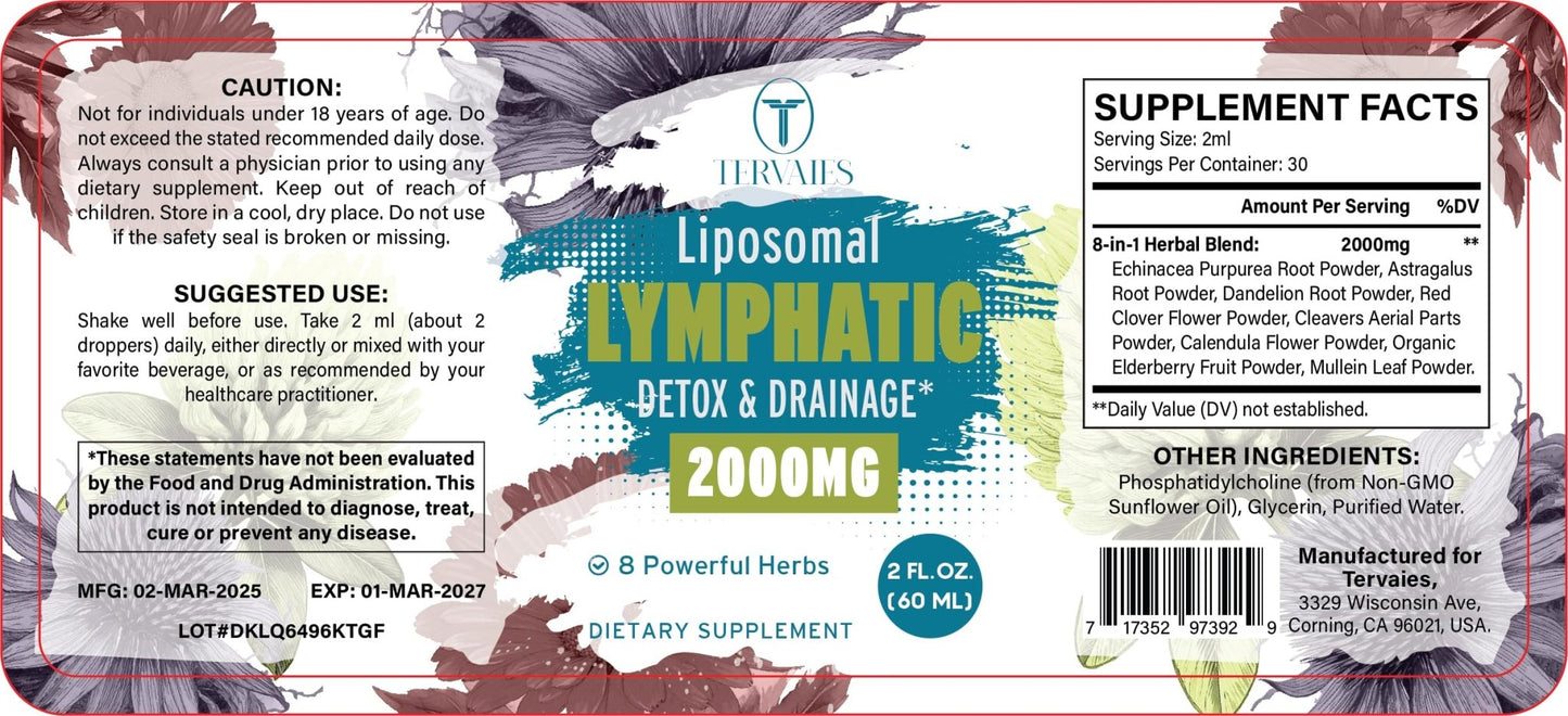 Tervaies Liposomal Lymphatic Drainage Drops 2000mg – Herbal Blend with Elderberry & Echinacea – 2 FL OZ - dailyvitalstore