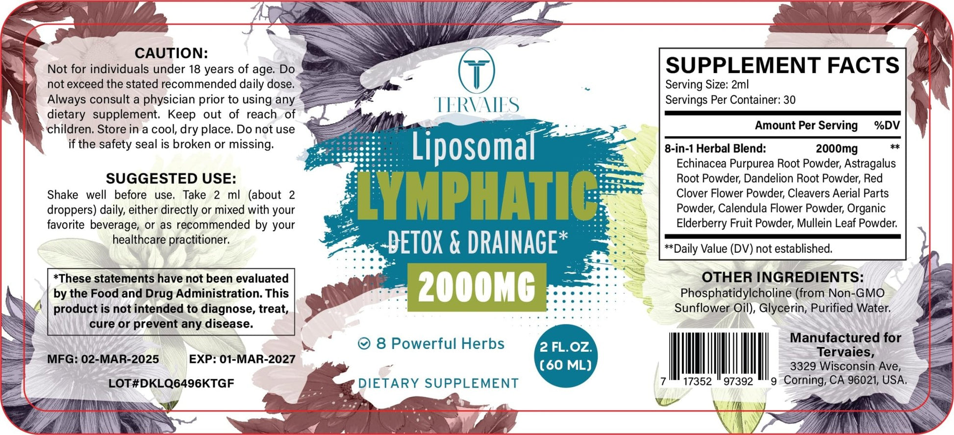 Tervaies Liposomal Lymphatic Drainage Drops 2000mg – Herbal Blend with Elderberry & Echinacea – 2 FL OZ - dailyvitalstore