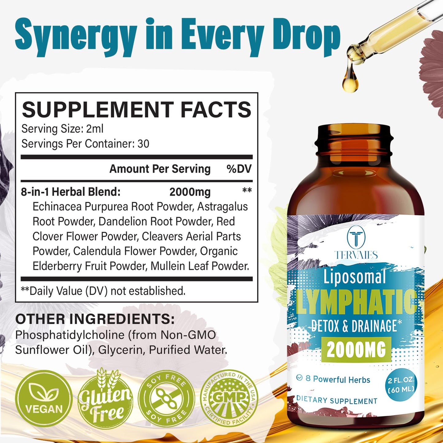 Tervaies Liposomal Lymphatic Drainage Drops 2000mg – Herbal Blend with Elderberry & Echinacea – 2 FL OZ - dailyvitalstore