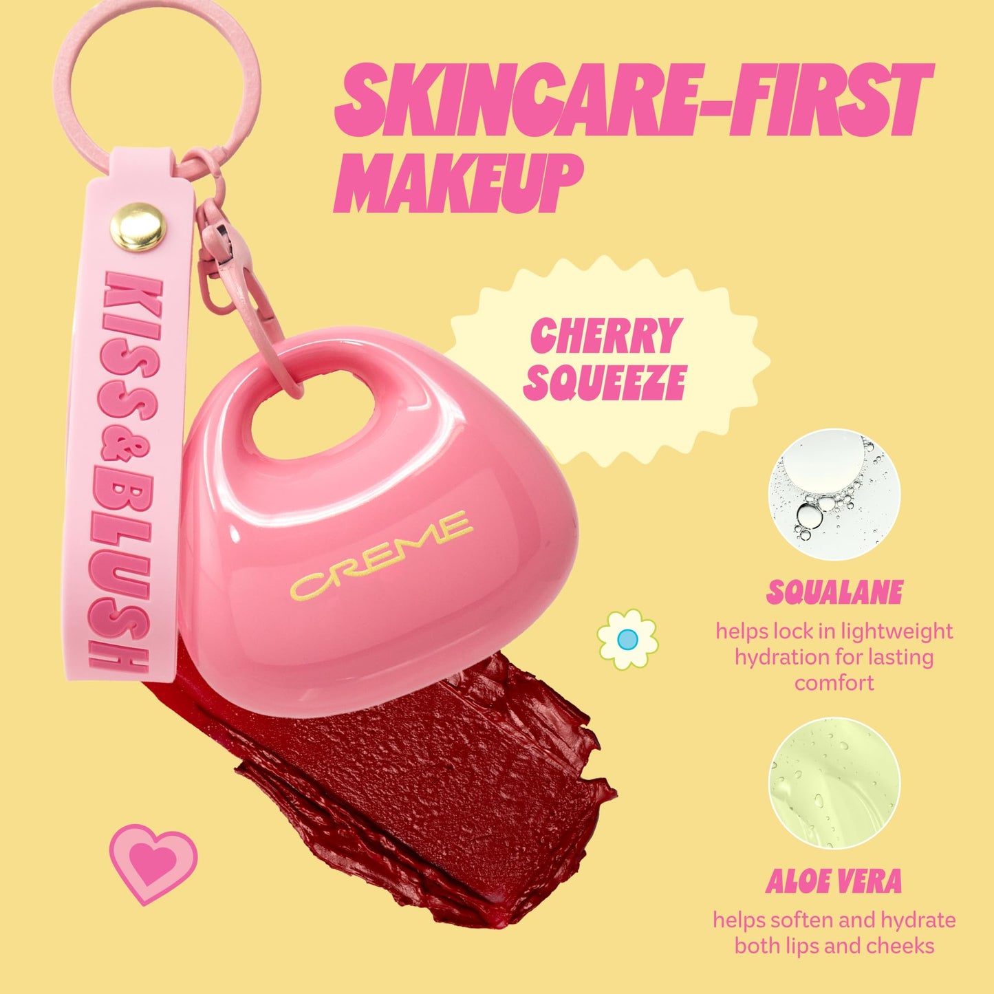 The Crème Shop Kiss & Blush Tinted Lip Balm & Blush, Korean Makeup for Lips & Cheeks, Cute Charm Key Chain, Hydrating, Long Lasting Tint, Aloe, Squalane (Cherry Squeeze) - dailyvitalstore