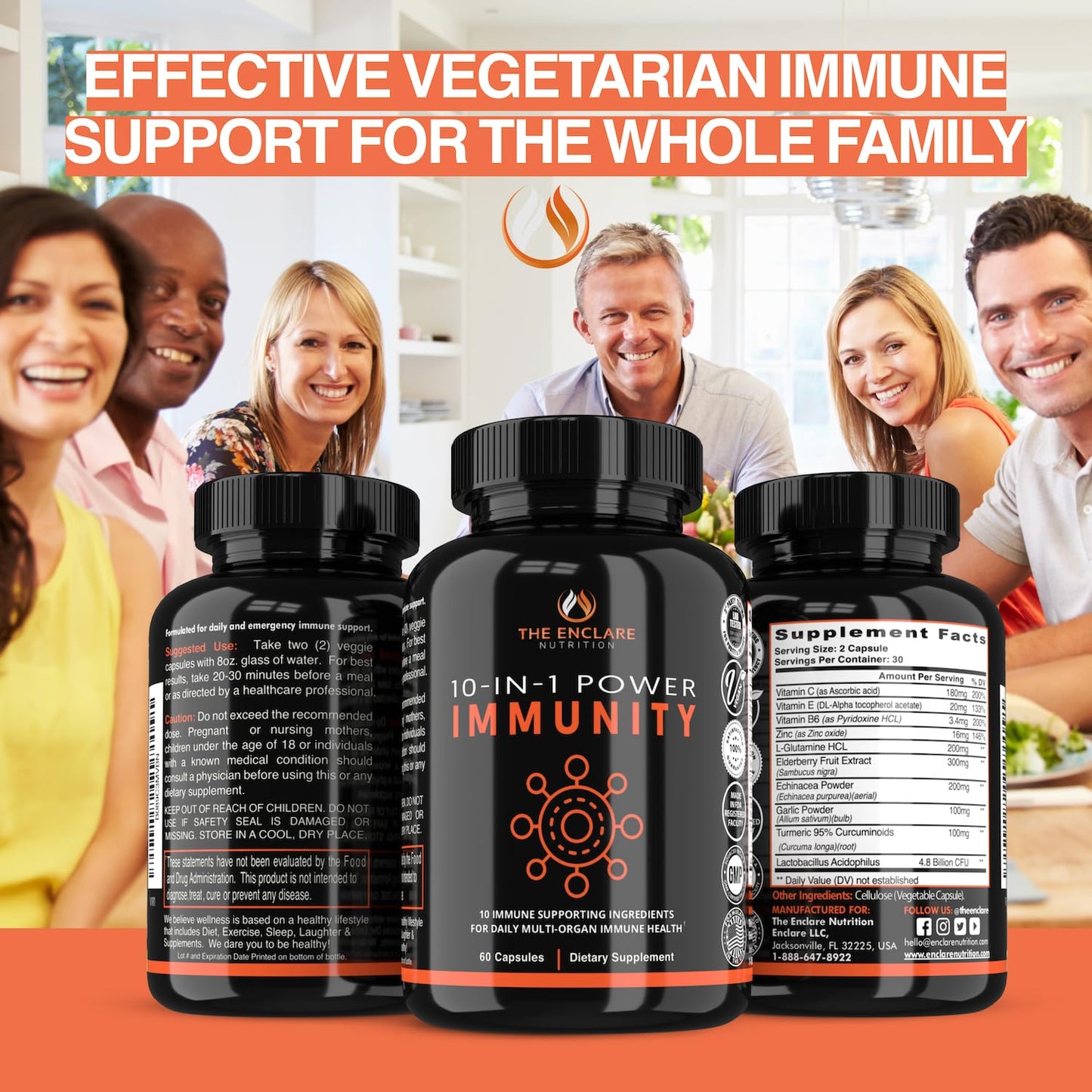 THE ENCLARE NUTRITION 10 in 1 Immune Support Booster Supplement with Echinacea, Vitamin C and Zinc, Turmeric, Ginger, B6, Elderberry for Adults Immunity Defense Vitamins, Made in USA Veg Cap 60 Ct (1) - dailyvitalstore
