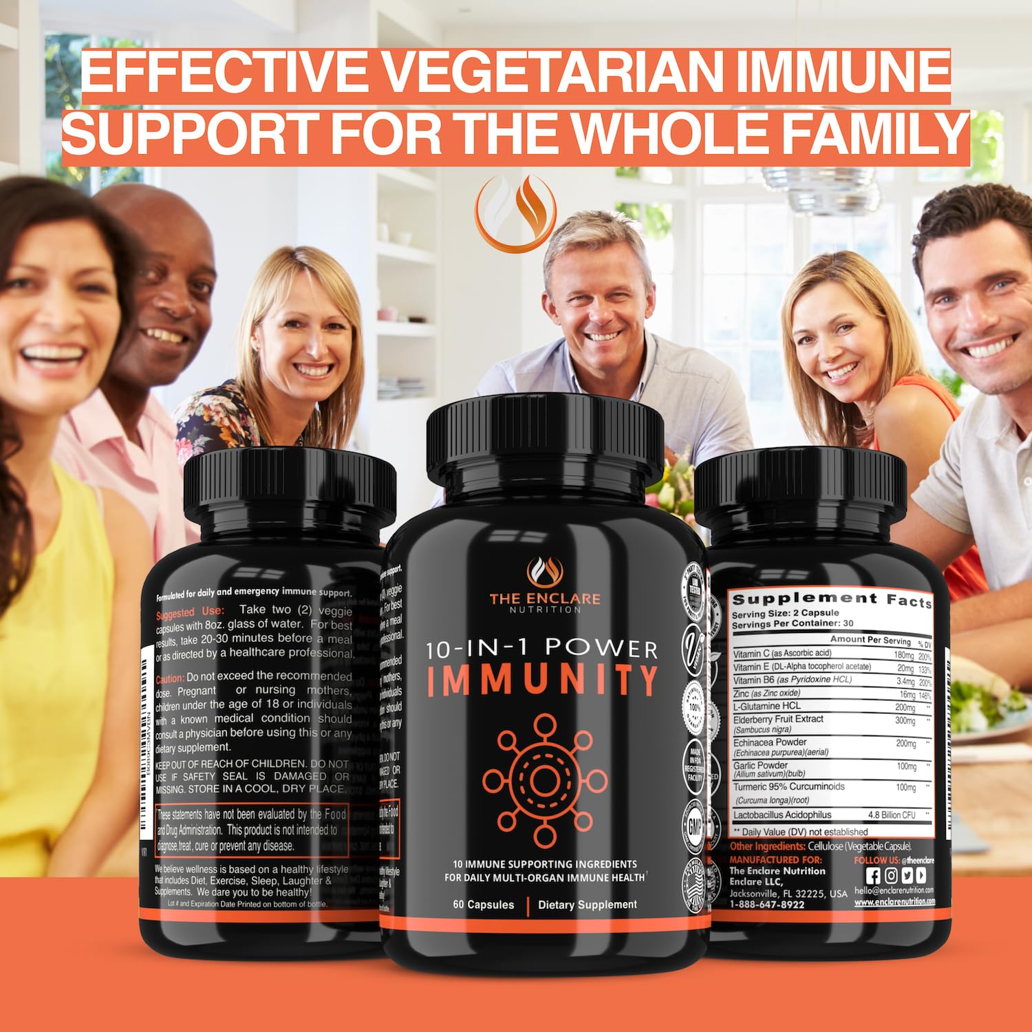 THE ENCLARE NUTRITION 10 in 1 Immune Support Booster Supplement with Echinacea, Vitamin C and Zinc, Turmeric, Ginger, B6, Elderberry for Adults Immunity Defense Vitamins, Made in USA Veg Cap 60 Ct (1) - dailyvitalstore
