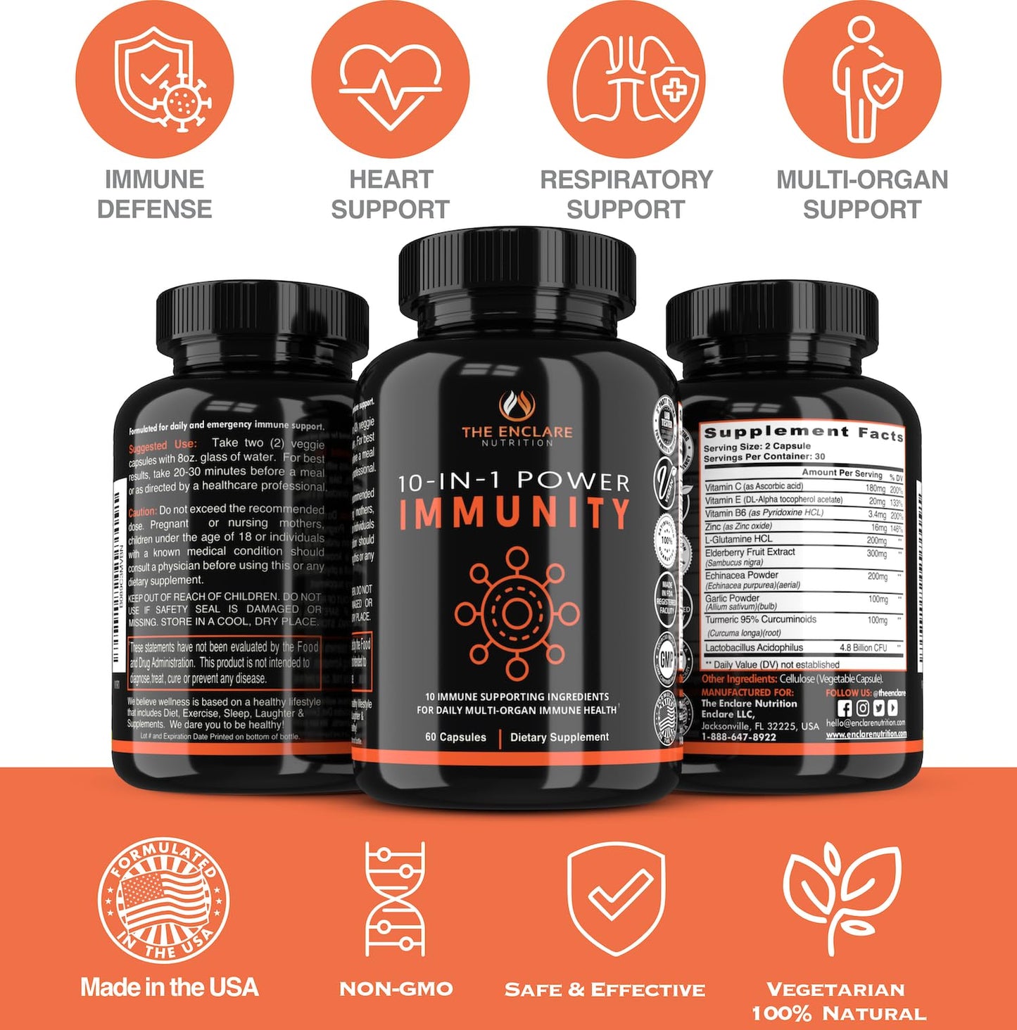 THE ENCLARE NUTRITION 10 in 1 Immune Support Booster Supplement with Echinacea, Vitamin C and Zinc, Turmeric, Ginger, B6, Elderberry for Adults Immunity Defense Vitamins, Made in USA Veg Cap 60 Ct (1) - dailyvitalstore