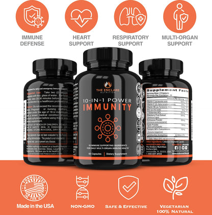 THE ENCLARE NUTRITION 10 in 1 Immune Support Booster Supplement with Echinacea, Vitamin C and Zinc, Turmeric, Ginger, B6, Elderberry for Adults Immunity Defense Vitamins, Made in USA Veg Cap 60 Ct (1) - dailyvitalstore