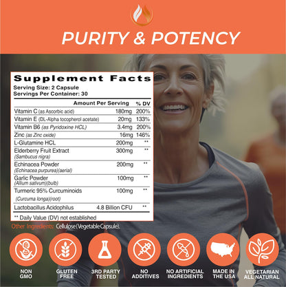 THE ENCLARE NUTRITION 10 in 1 Immune Support Booster Supplement with Echinacea, Vitamin C and Zinc, Turmeric, Ginger, B6, Elderberry for Adults Immunity Defense Vitamins, Made in USA Veg Cap 60 Ct (1) - dailyvitalstore