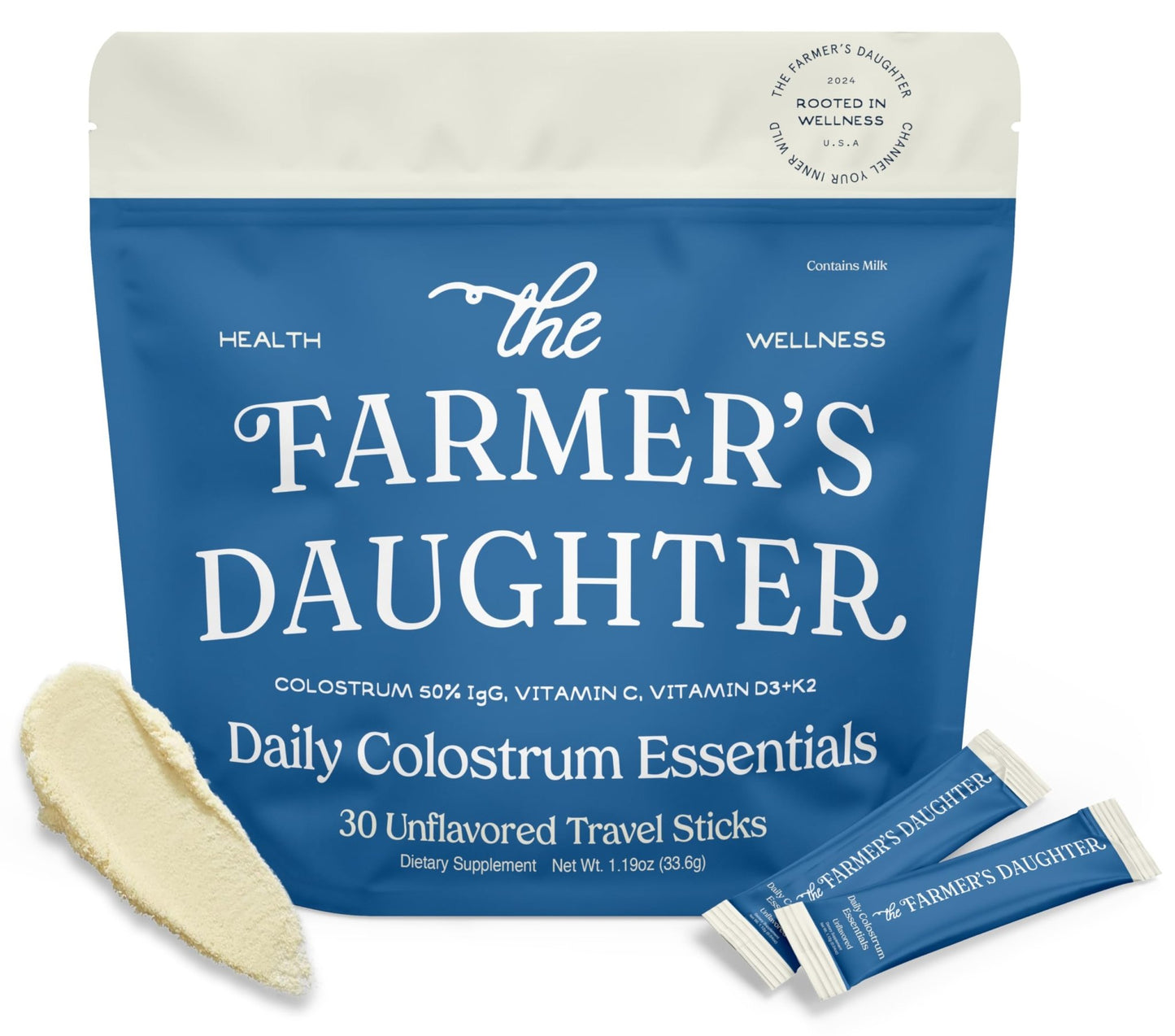 THE FARMER'S DAUGHTER Colostrum Powder | Unflavored | Gut Health & Bloating | Hair, Skin & Nails | Immunity Supplement | 30 Individual Travel Stick Packs - dailyvitalstore