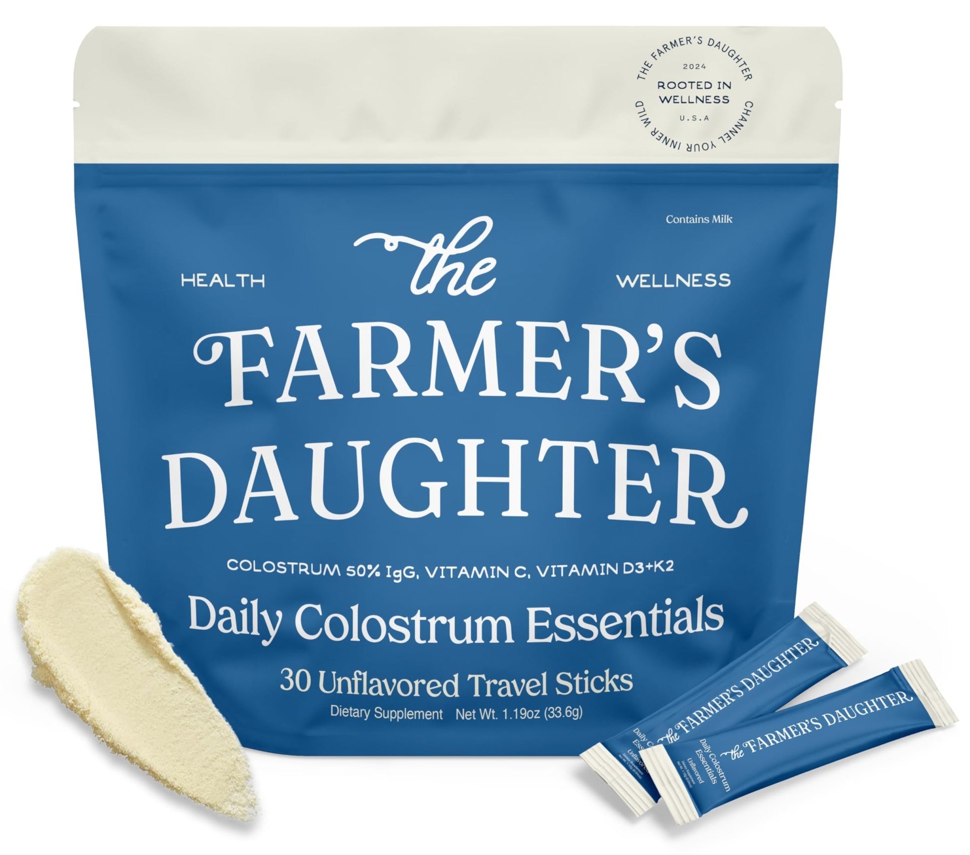 THE FARMER'S DAUGHTER Colostrum Powder | Unflavored | Gut Health & Bloating | Hair, Skin & Nails | Immunity Supplement | 30 Individual Travel Stick Packs - dailyvitalstore