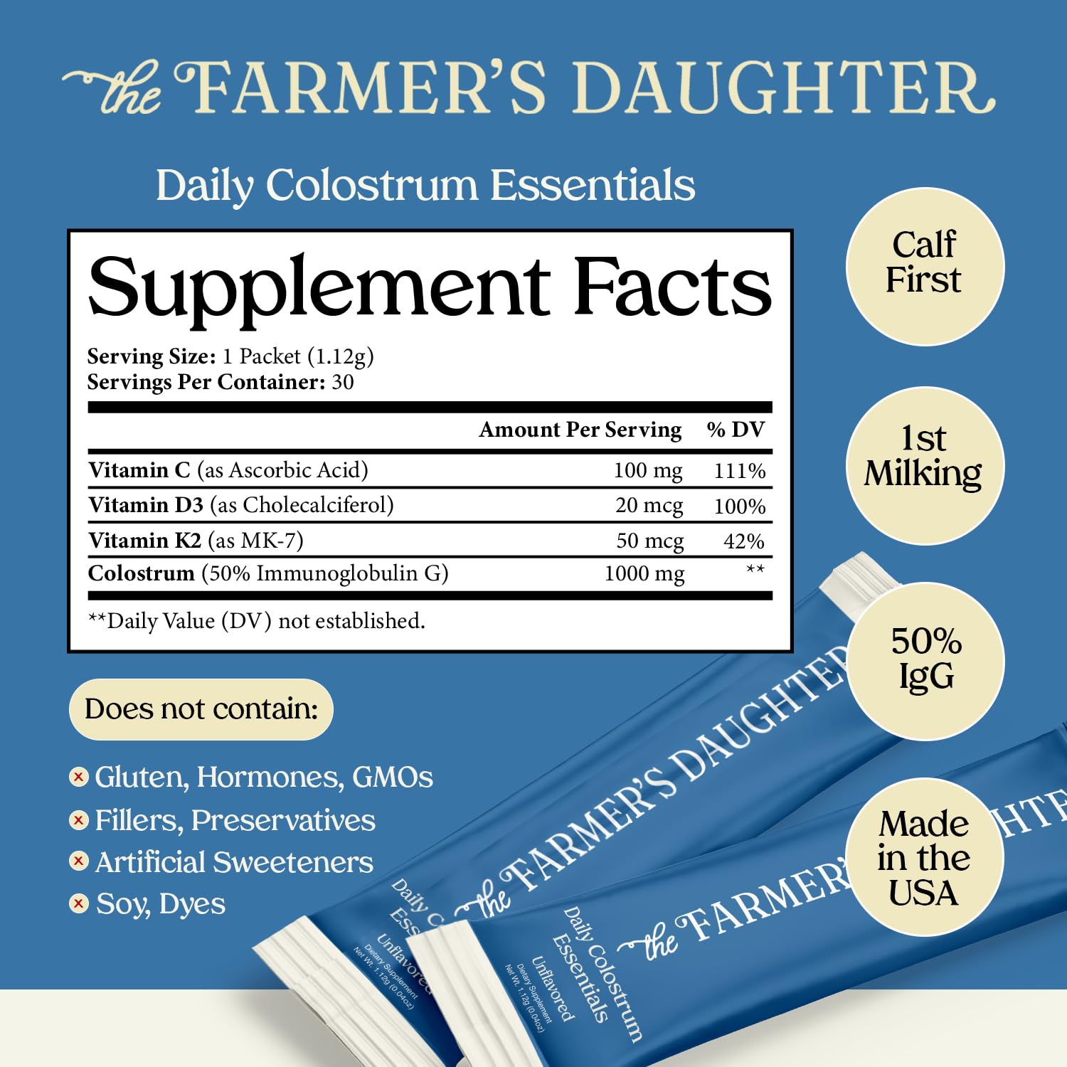 THE FARMER'S DAUGHTER Colostrum Powder | Unflavored | Gut Health & Bloating | Hair, Skin & Nails | Immunity Supplement | 30 Individual Travel Stick Packs - dailyvitalstore
