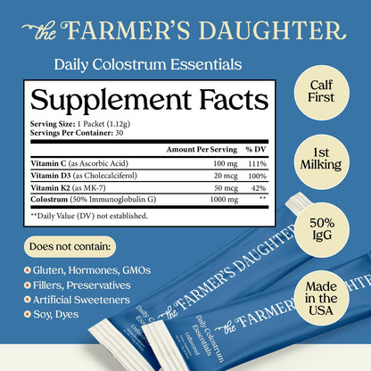 THE FARMER'S DAUGHTER Colostrum Powder | Unflavored | Gut Health & Bloating | Hair, Skin & Nails | Immunity Supplement | 30 Individual Travel Stick Packs - dailyvitalstore