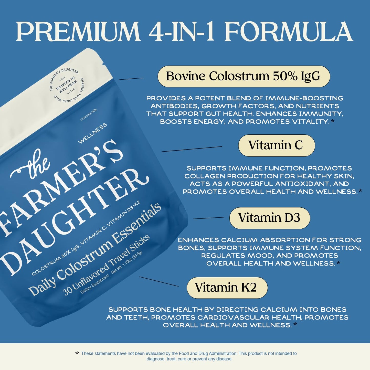 THE FARMER'S DAUGHTER Colostrum Powder | Unflavored | Gut Health & Bloating | Hair, Skin & Nails | Immunity Supplement | 30 Individual Travel Stick Packs - dailyvitalstore