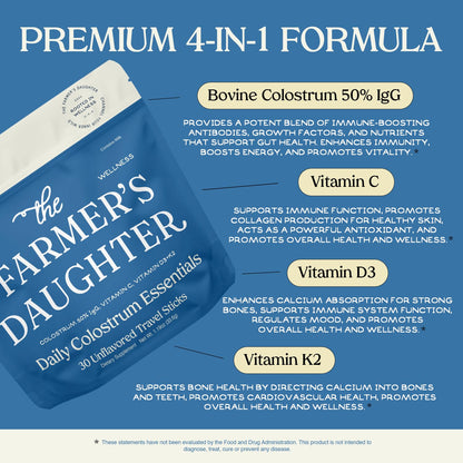 THE FARMER'S DAUGHTER Colostrum Powder | Unflavored | Gut Health & Bloating | Hair, Skin & Nails | Immunity Supplement | 30 Individual Travel Stick Packs - dailyvitalstore