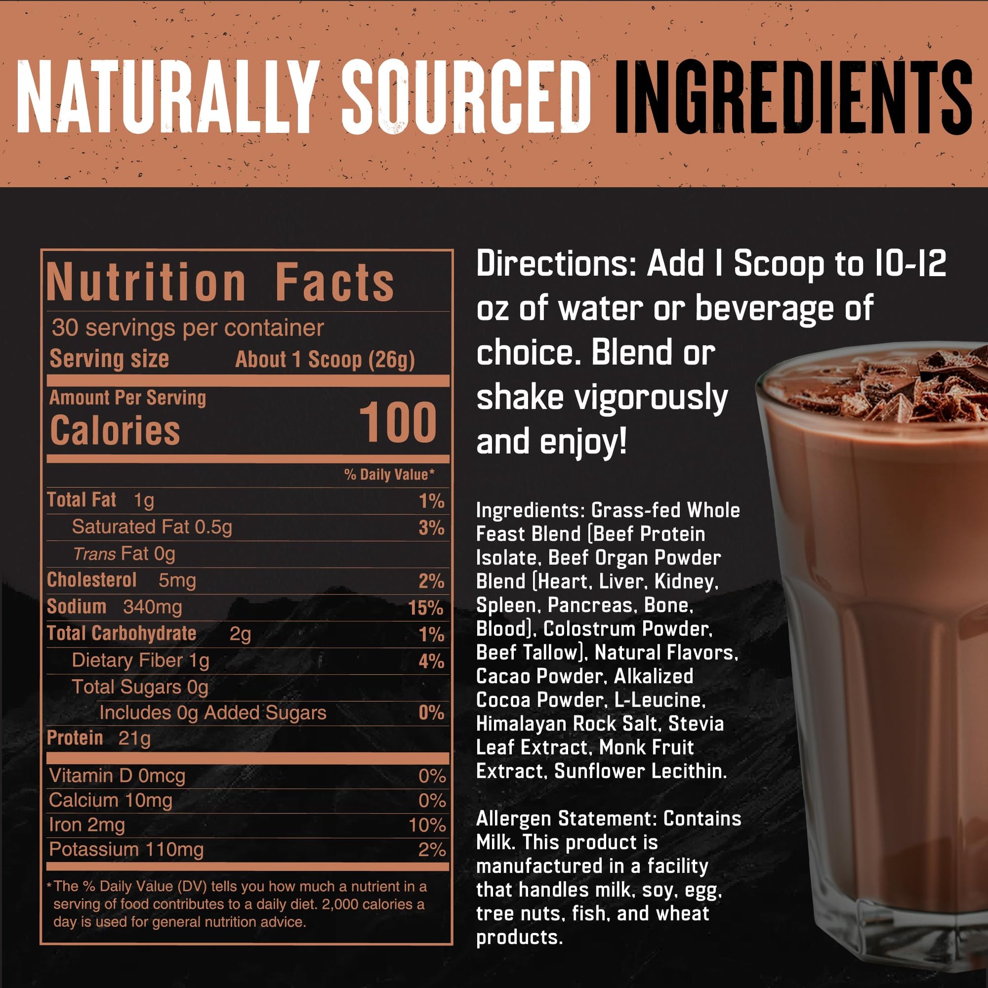 The Fittest Whole Feast Beef Protein Powder - Milk Chocolate - Grass Fed Nose to Tail Carnivore Blend Including Liver, Colostrum and Whole Bone - BCAAs - 14g Collagen, 21g Total Protein - dailyvitalstore