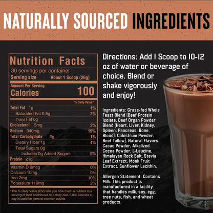 The Fittest Whole Feast Beef Protein Powder - Milk Chocolate - Grass Fed Nose to Tail Carnivore Blend Including Liver, Colostrum and Whole Bone - BCAAs - 14g Collagen, 21g Total Protein - dailyvitalstore