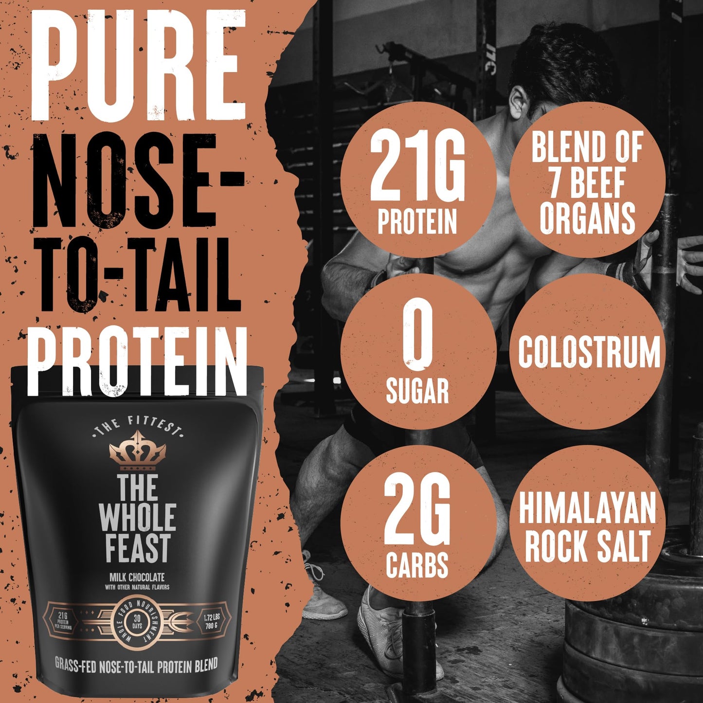 The Fittest Whole Feast Beef Protein Powder - Milk Chocolate - Grass Fed Nose to Tail Carnivore Blend Including Liver, Colostrum and Whole Bone - BCAAs - 14g Collagen, 21g Total Protein - dailyvitalstore