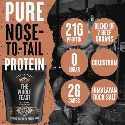 The Fittest Whole Feast Beef Protein Powder - Milk Chocolate - Grass Fed Nose to Tail Carnivore Blend Including Liver, Colostrum and Whole Bone - BCAAs - 14g Collagen, 21g Total Protein - dailyvitalstore