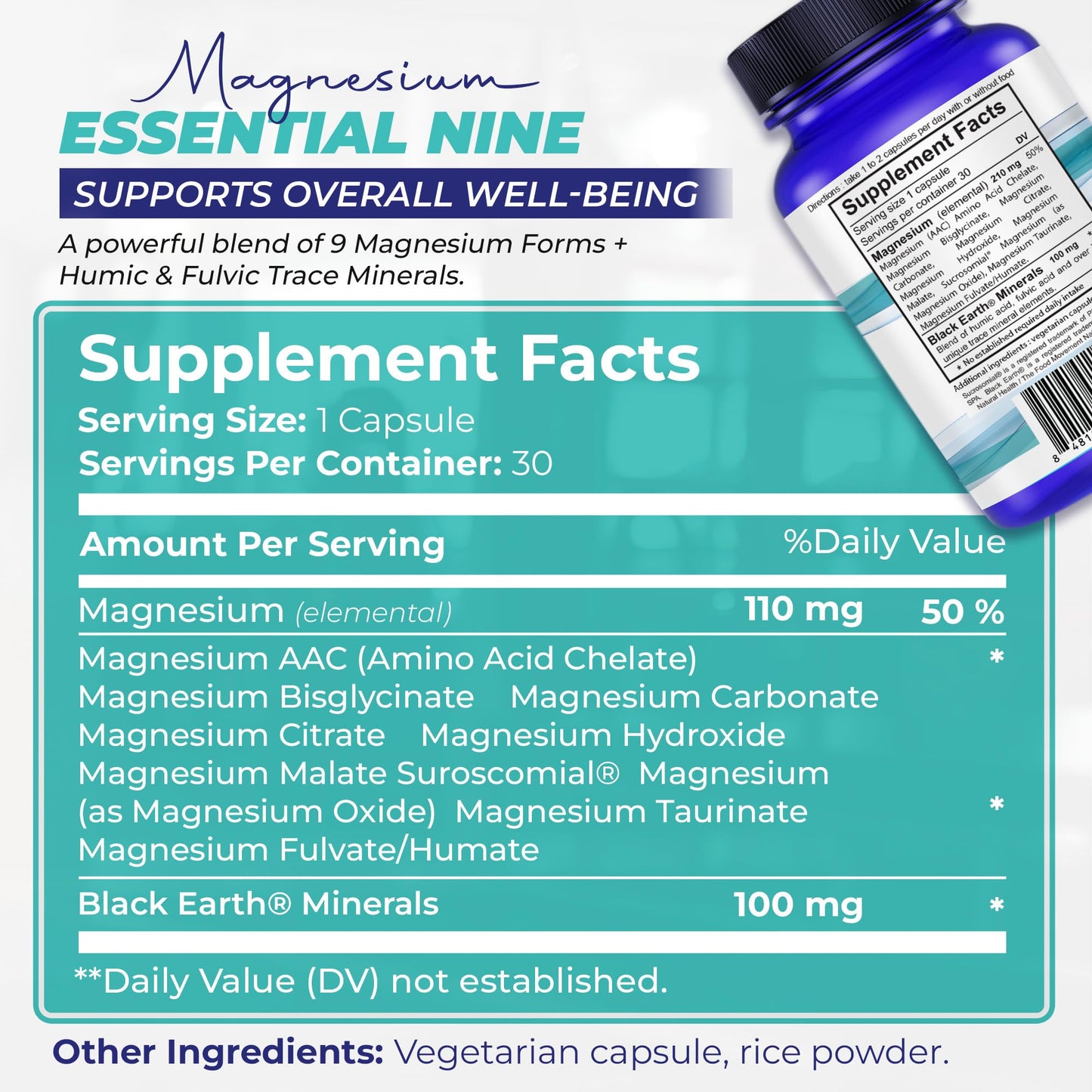 The Food Movement Co. Black Earth Magnesium Essential Nine - Vegan Capsules with Magnesium Glycinate, Citrate, Malate and More - 9 Bioactive Forms for Optimal Health (30 Count) - dailyvitalstore
