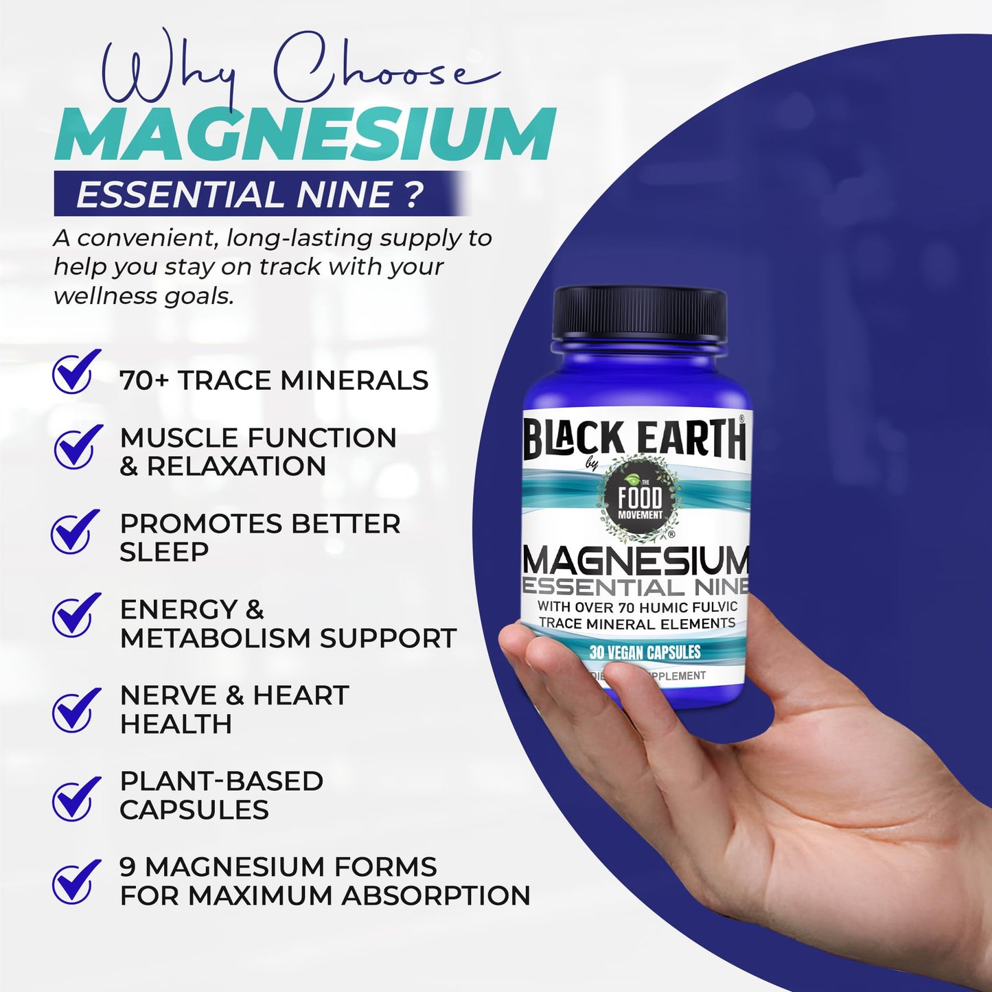 The Food Movement Co. Black Earth Magnesium Essential Nine - Vegan Capsules with Magnesium Glycinate, Citrate, Malate and More - 9 Bioactive Forms for Optimal Health (30 Count) - dailyvitalstore
