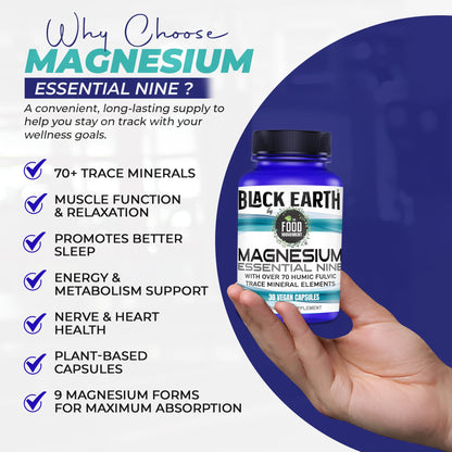 The Food Movement Co. Black Earth Magnesium Essential Nine - Vegan Capsules with Magnesium Glycinate, Citrate, Malate and More - 9 Bioactive Forms for Optimal Health (30 Count) - dailyvitalstore