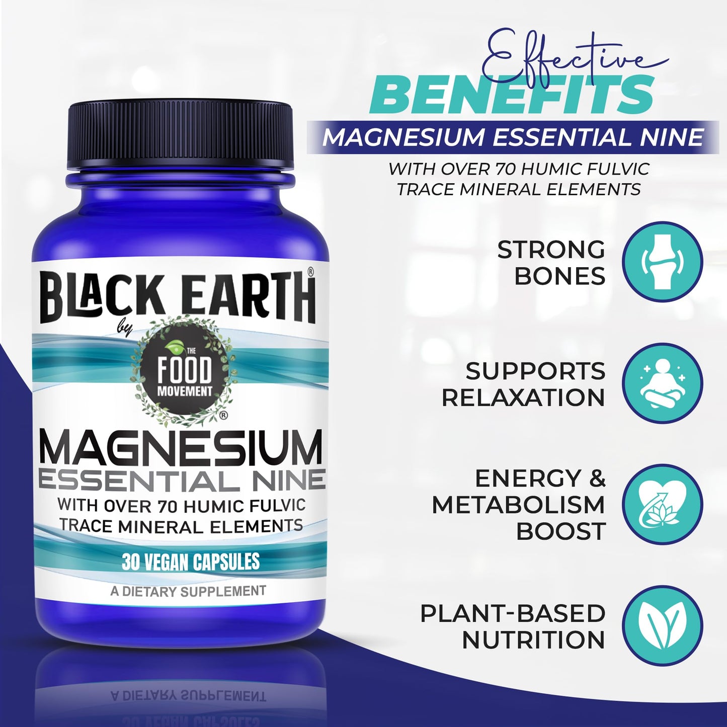 The Food Movement Co. Black Earth Magnesium Essential Nine - Vegan Capsules with Magnesium Glycinate, Citrate, Malate and More - 9 Bioactive Forms for Optimal Health (30 Count) - dailyvitalstore