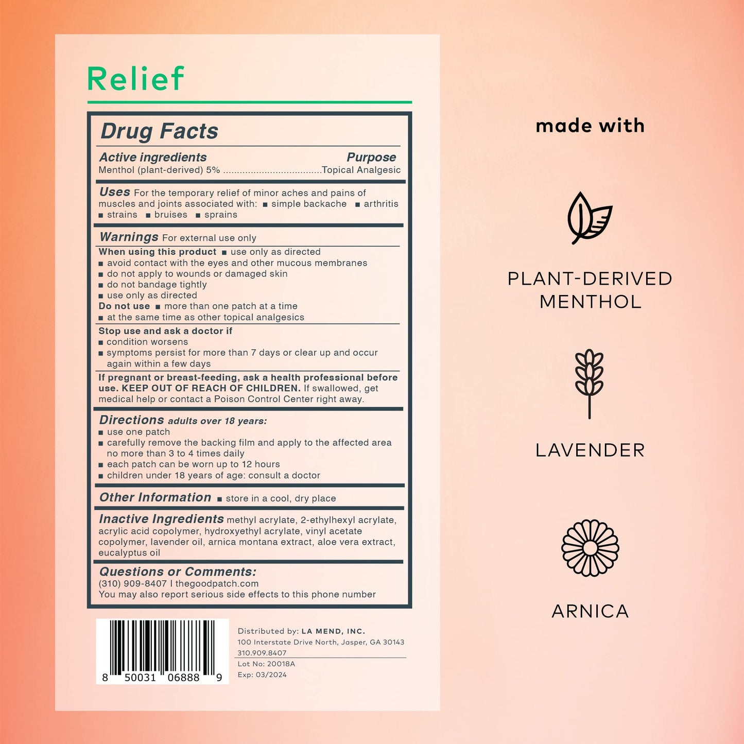 The Good Patch Muscle Pain Relief Patches, Natural Patch with Menthol, Lavender, Arnica and Aloe Vera, Sustained Release, Plant Powered Wearable Wellness, For Back, Neck, Arms, Legs (16 Total Patches) - dailyvitalstore