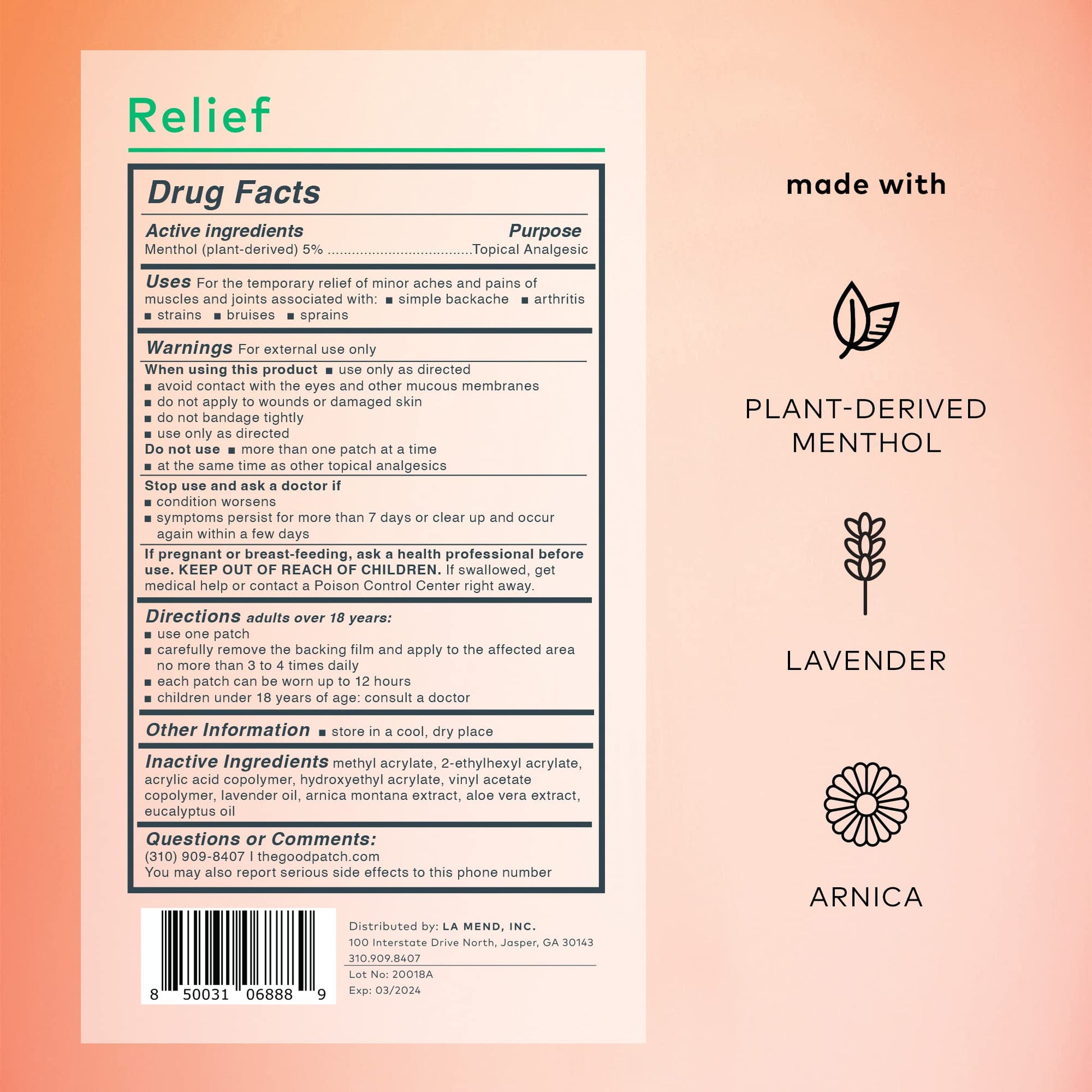 The Good Patch Muscle Pain Relief Patches, Natural Patch with Menthol, Lavender, Arnica and Aloe Vera, Sustained Release, Plant Powered Wearable Wellness, For Back, Neck, Arms, Legs (16 Total Patches) - dailyvitalstore