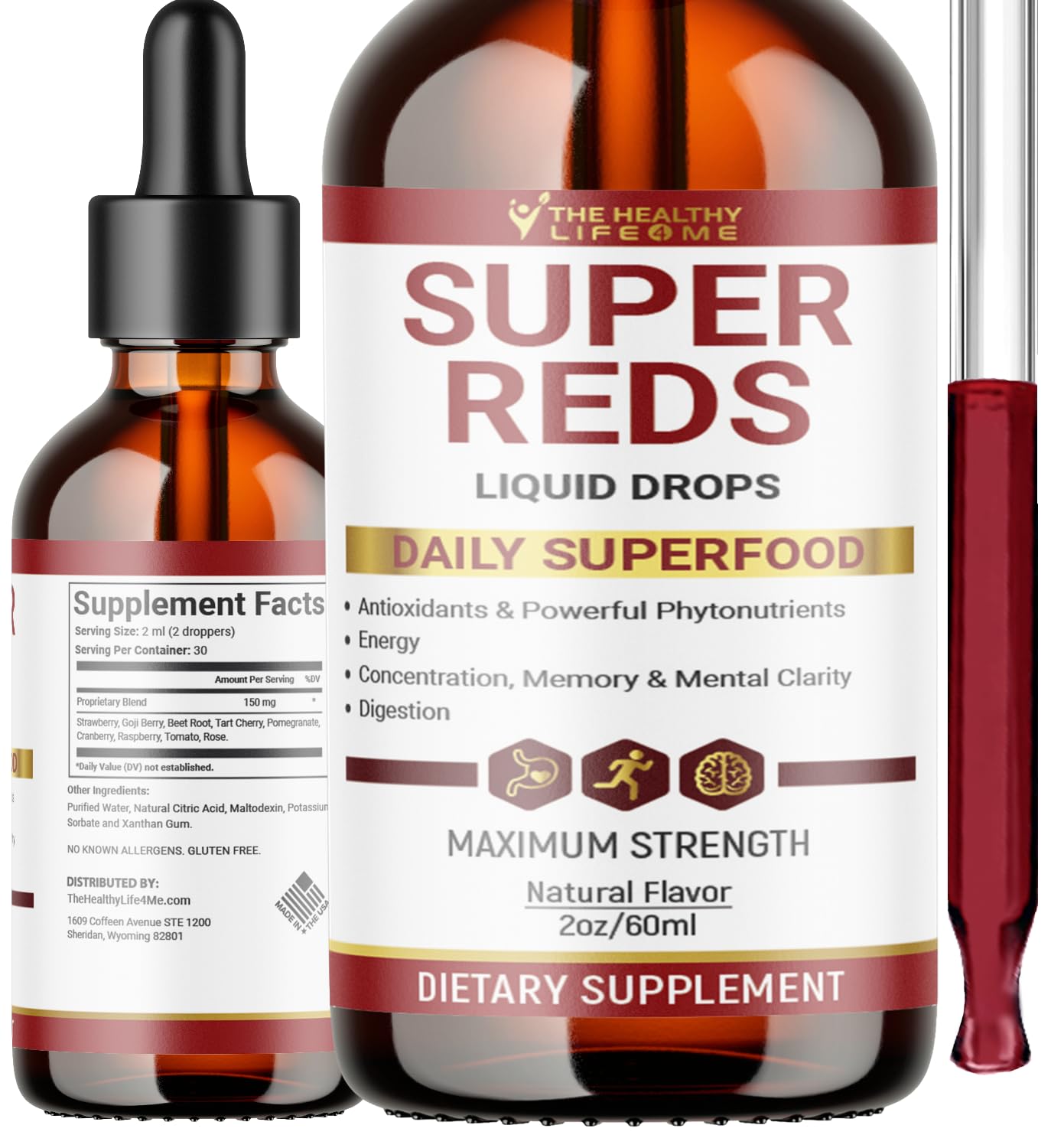 THE HEALTHY LIFE 4 ME Liquid Super Reds Phytonutrient Superfood Drops | Phytonutrient Blend containing Polyphenols | Antioxidants & More | Great Taste 2oz - 30 Day Supply - dailyvitalstore