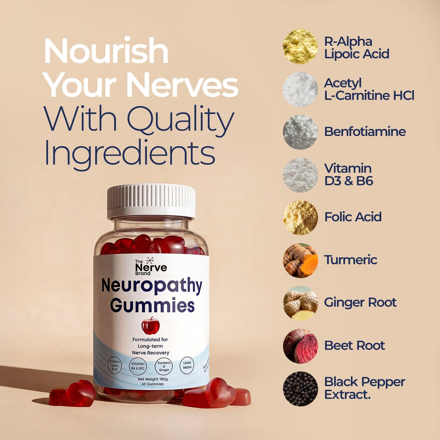 The Nerve Brand Neuropathy Support Gummies, 600 mg R Alpha Lipoic Acid Gummies with B1 B6 B12 and Lion’s Mane, Sugar Free Daily Nerve Health Supplement, 30 Day Supply - dailyvitalstore