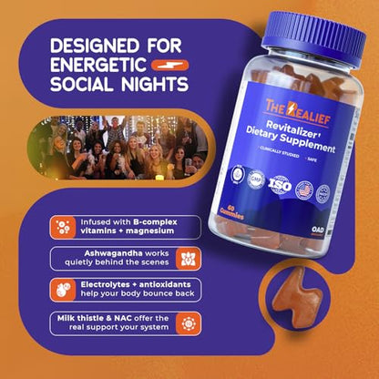 The Realief 60 Count Post Party Gummies – DHM, Milk Thistle & Electrolytes – Wellness Support – Strawberry Flavor – Wake Up Refreshed - dailyvitalstore