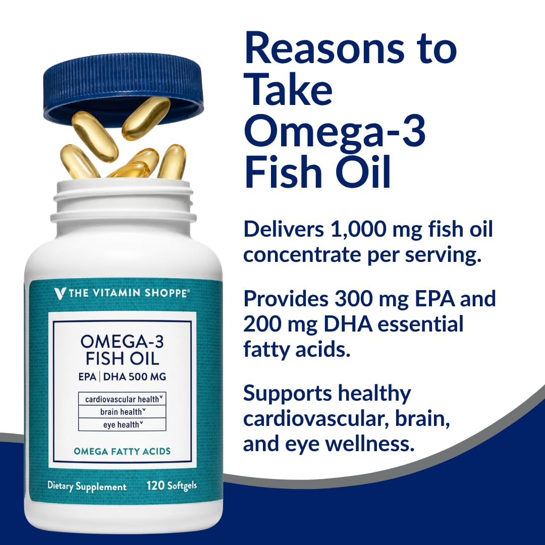 The Vitamin Shoppe Brand Omega 3 Fish Oil 1000mg with EPA DHA 500mg, Cardiovascular, Brain & Eye Health Support for Men and Women, Sourced from Anchovy, - dailyvitalstore