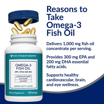 The Vitamin Shoppe Brand Omega 3 Fish Oil 1000mg with EPA DHA 500mg, Cardiovascular, Brain & Eye Health Support for Men and Women, Sourced from Anchovy, - dailyvitalstore