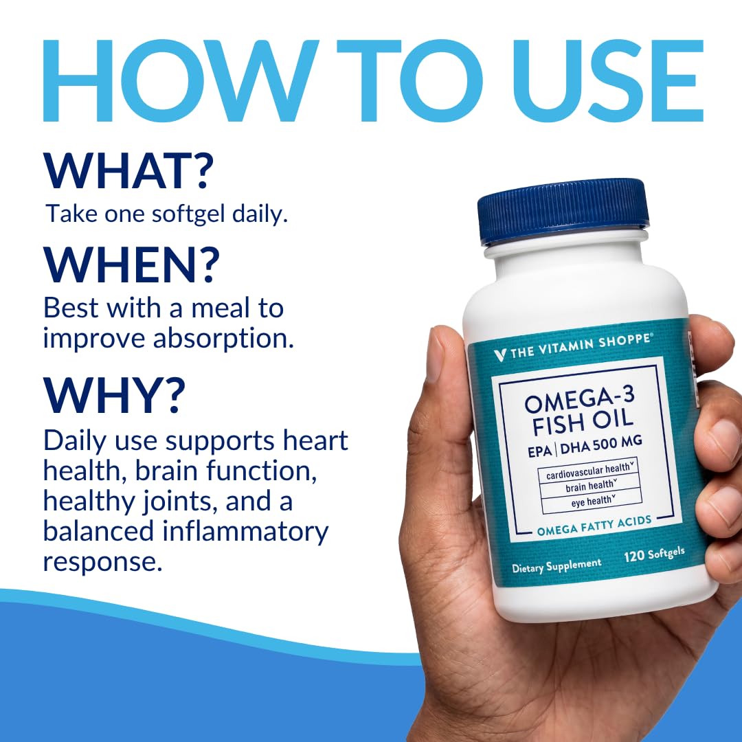The Vitamin Shoppe Brand Omega 3 Fish Oil 1000mg with EPA DHA 500mg, Cardiovascular, Brain & Eye Health Support for Men and Women, Sourced from Anchovy, - dailyvitalstore