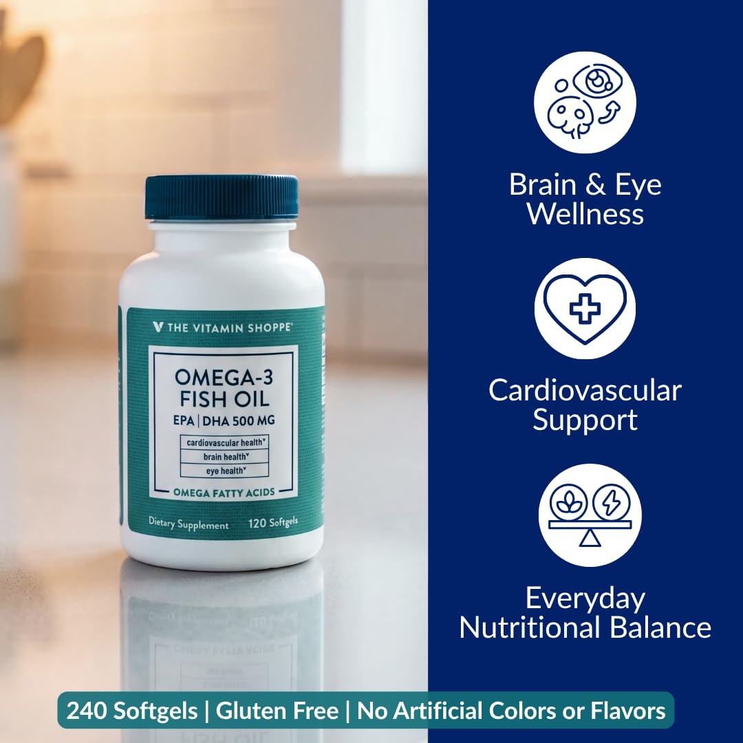 The Vitamin Shoppe Brand Omega 3 Fish Oil 1000mg with EPA DHA 500mg, Cardiovascular, Brain & Eye Health Support for Men and Women, Sourced from Anchovy, - dailyvitalstore