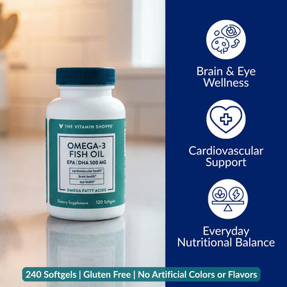 The Vitamin Shoppe Brand Omega 3 Fish Oil 1000mg with EPA DHA 500mg, Cardiovascular, Brain & Eye Health Support for Men and Women, Sourced from Anchovy, - dailyvitalstore