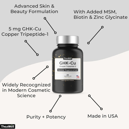 TheaWell GHK-Cu Copper Tripeptide-1, 5mg with MSM, Biotin, Zinc, Bioperine Black Pepper Extract, Dermal Regeneration, Hair Skin and Nails Support, 30 Vegan Capsules, Made in USA - dailyvitalstore