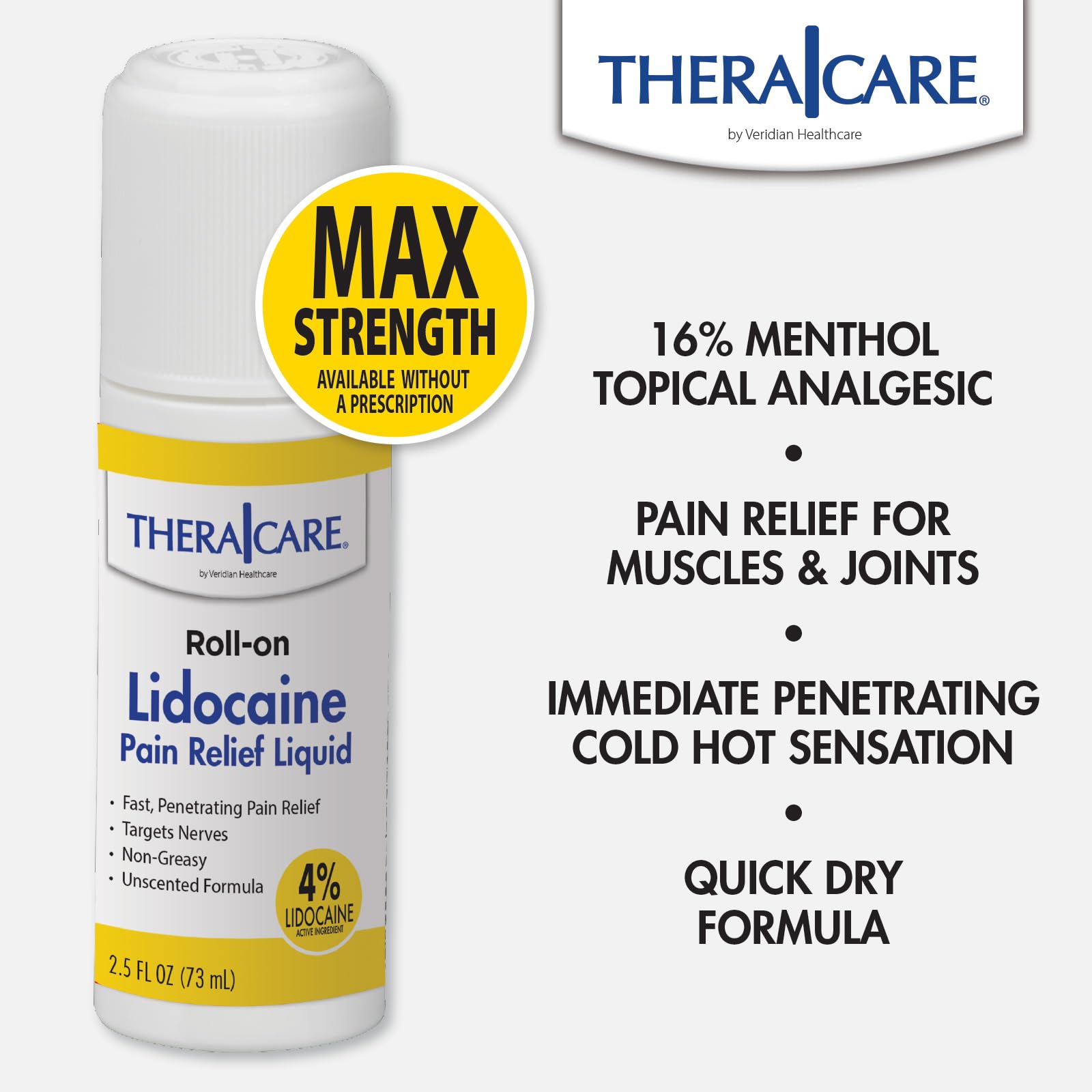 TheraCare 4% Lidocaine Roll-On | OTC Strength | Pain Relief Liquid | 2.5 oz. 73 mL | Non-Greasy, Unscented Formula | Topical Anesthetic - dailyvitalstore