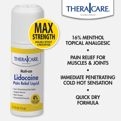 TheraCare 4% Lidocaine Roll-On | OTC Strength | Pain Relief Liquid | 2.5 oz. 73 mL | Non-Greasy, Unscented Formula | Topical Anesthetic - dailyvitalstore