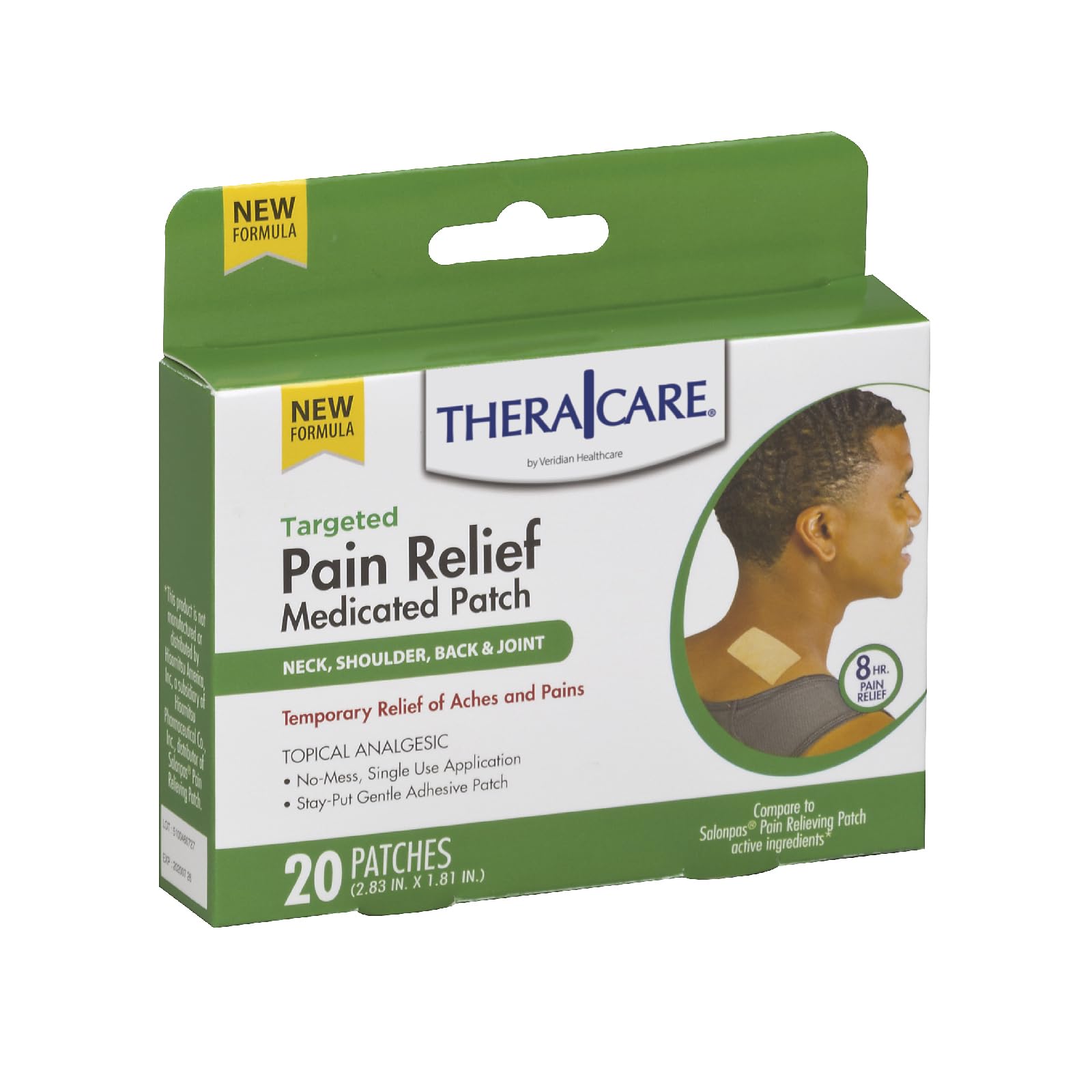 TheraCare Targeted Pain Relief Medicated Patch | Neck, Shoulder, Small Areas | 20-Count | 2.83” x 1.81” | Topical Analgesic | Camphor, Menthol, Methyl Salicylate | Gentle Adhesive - dailyvitalstore