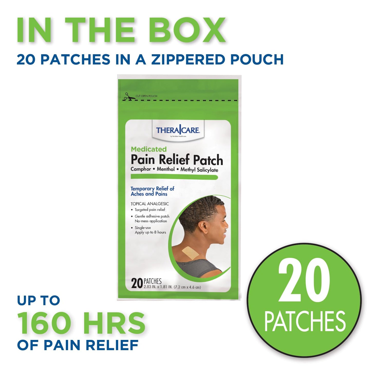 TheraCare Targeted Pain Relief Medicated Patch | Neck, Shoulder, Small Areas | 20-Count | 2.83” x 1.81” | Topical Analgesic | Camphor, Menthol, Methyl Salicylate | Gentle Adhesive - dailyvitalstore