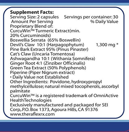 Theraflex RX® Capsules for Relief of Joint & Muscle Discomfort, Mobility and Healthy Inflammation Response with Patented Curcuwin® Turmeric Extract, Boswellia, Ashwaganda, 60 Capsules - dailyvitalstore