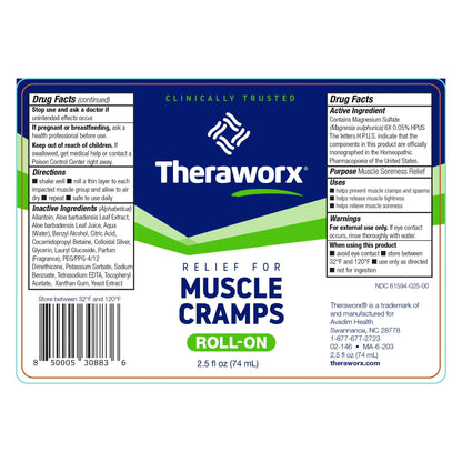 Theraworx Relief for Muscle Cramps Roll-On Fast-Acting Muscle Spasm, Leg Soreness with Magnesium Sulfate - 2.5 oz - 1 Count - dailyvitalstore