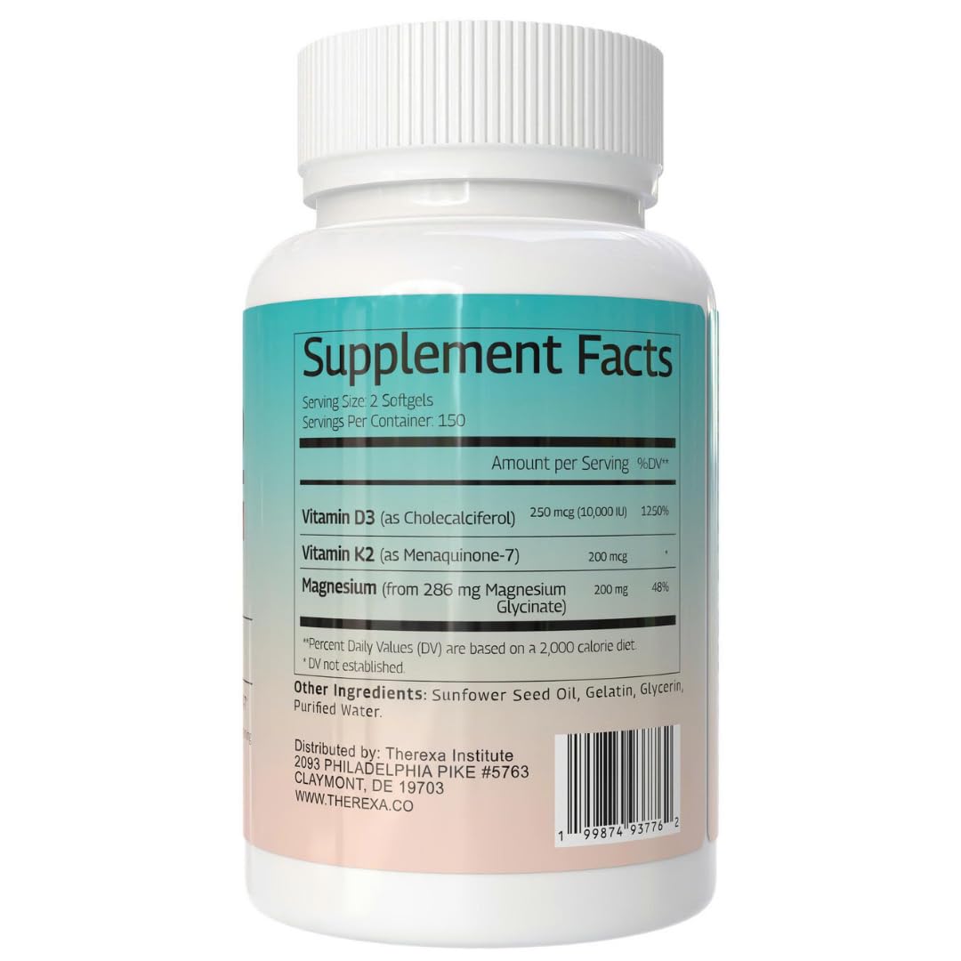 THEREXA Vitamin D3 K2 Magnesium Supplement - Extra Strength with 10000 IU Vitamin D3, Magnesium Glycinate and 200 mcg K2 MK-7 Vitamin Supplements Complex, for Women & Men - 300 Softgels - dailyvitalstore