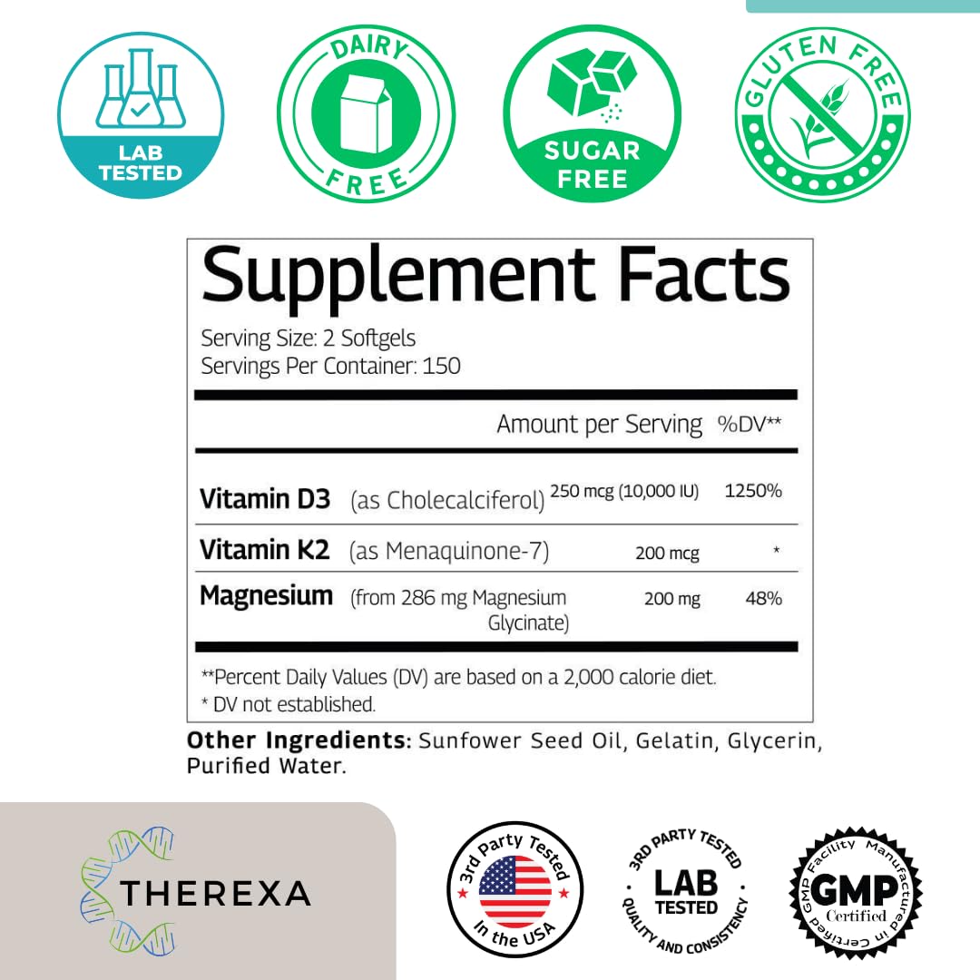 THEREXA Vitamin D3 K2 Magnesium Supplement - Extra Strength with 10000 IU Vitamin D3, Magnesium Glycinate and 200 mcg K2 MK-7 Vitamin Supplements Complex, for Women & Men - 300 Softgels - dailyvitalstore