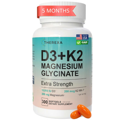 THEREXA Vitamin D3 K2 Magnesium Supplement - Extra Strength with 10000 IU Vitamin D3, Magnesium Glycinate and 200 mcg K2 MK-7 Vitamin Supplements Complex, for Women & Men - 300 Softgels - dailyvitalstore