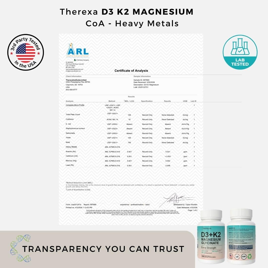 THEREXA Vitamin D3 K2 Magnesium Supplement - Extra Strength with 10000 IU Vitamin D3, Magnesium Glycinate and 200 mcg K2 MK-7 Vitamin Supplements Complex, for Women & Men - 300 Softgels - dailyvitalstore