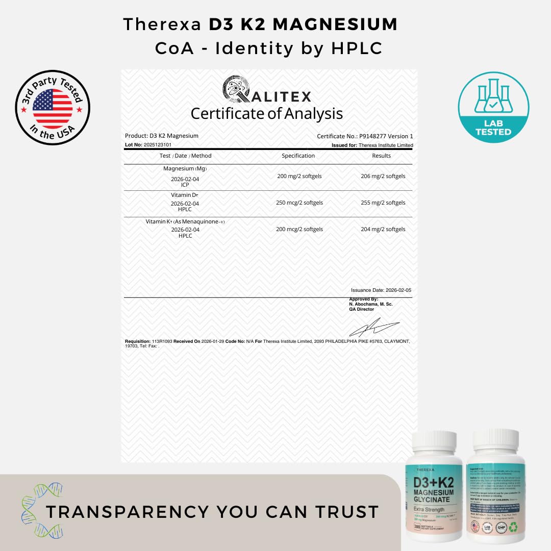 THEREXA Vitamin D3 K2 Magnesium Supplement - Extra Strength with 10000 IU Vitamin D3, Magnesium Glycinate and 200 mcg K2 MK-7 Vitamin Supplements Complex, for Women & Men - 300 Softgels - dailyvitalstore