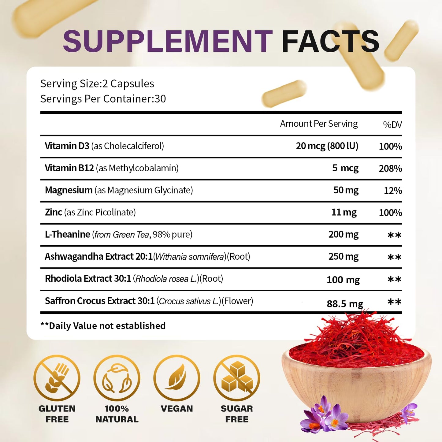 Theronika Aly Saffron Supplements – Blend with Ashwagandha, Safron, Rhodiola, Magnesium, L-Theanine, Zinc & B12, 88.5 mg Pure Saffron Extract Capsules Mood, Energy, Vision & Focus – 60 Vegan Capsules - dailyvitalstore