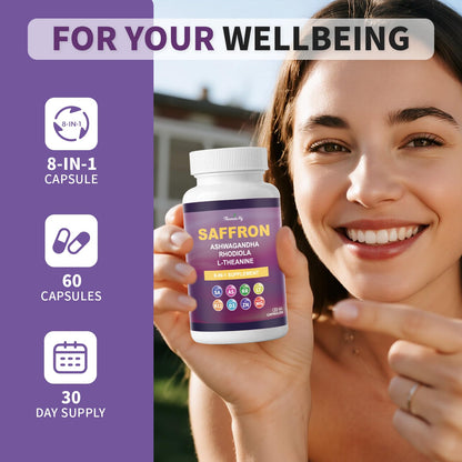 Theronika Aly Saffron Supplements – Blend with Ashwagandha, Safron, Rhodiola, Magnesium, L-Theanine, Zinc & B12, 88.5 mg Pure Saffron Extract Capsules Mood, Energy, Vision & Focus – 60 Vegan Capsules - dailyvitalstore