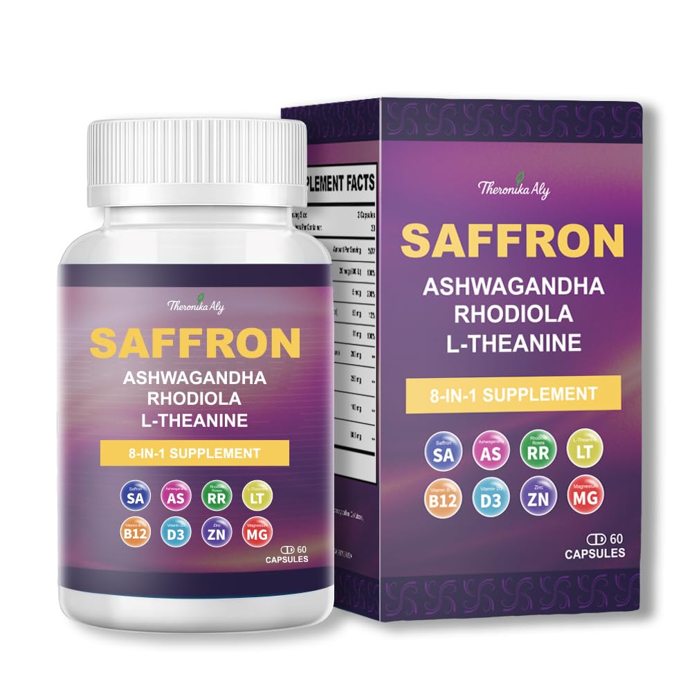 Theronika Aly Saffron Supplements – Blend with Ashwagandha, Safron, Rhodiola, Magnesium, L-Theanine, Zinc & B12, 88.5 mg Pure Saffron Extract Capsules Mood, Energy, Vision & Focus – 60 Vegan Capsules - dailyvitalstore